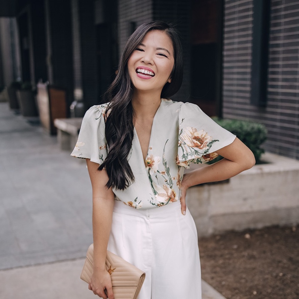 Floral flutter sleeve surplice top